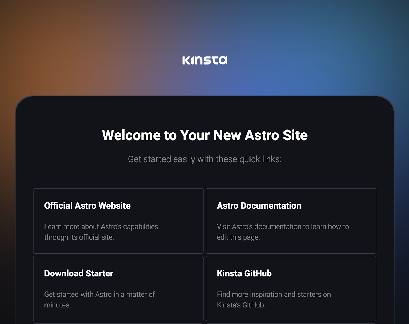 Una pagina scura con il logo Kinsta in bianco al centro sopra la scritta 