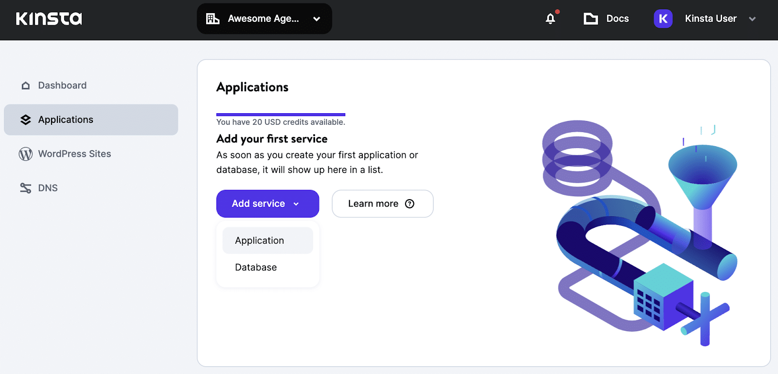 La dashboard di MyKinsta si è aperta alla sezione 