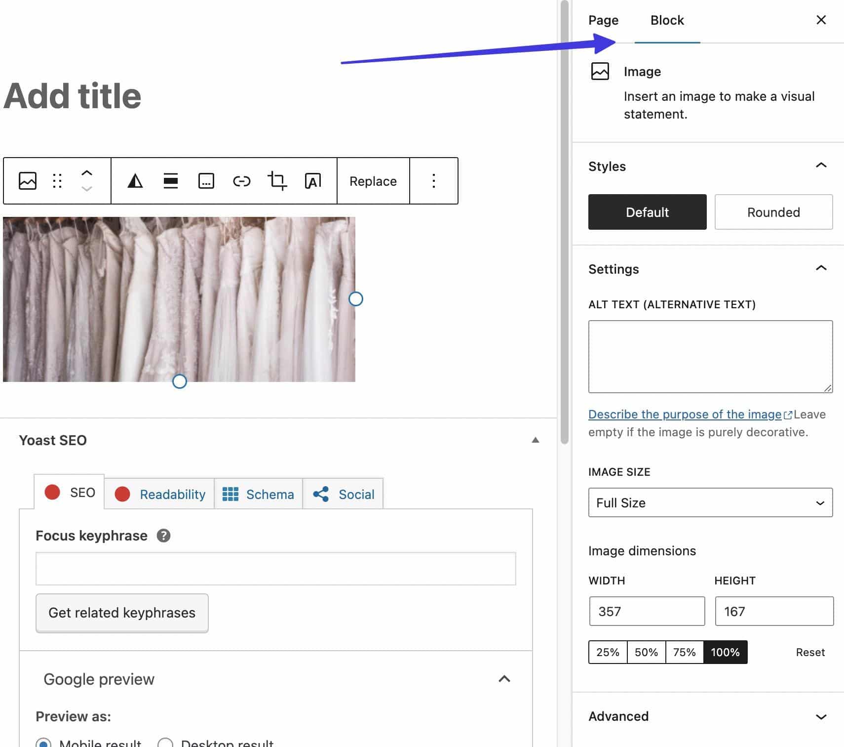 Block-Registerkarte in Gutenberg