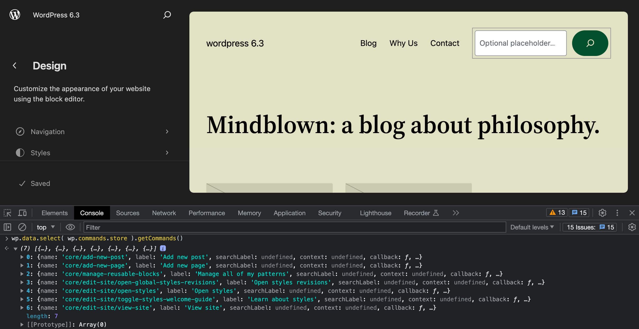 Auflistung der Befehle in WordPress 6.3