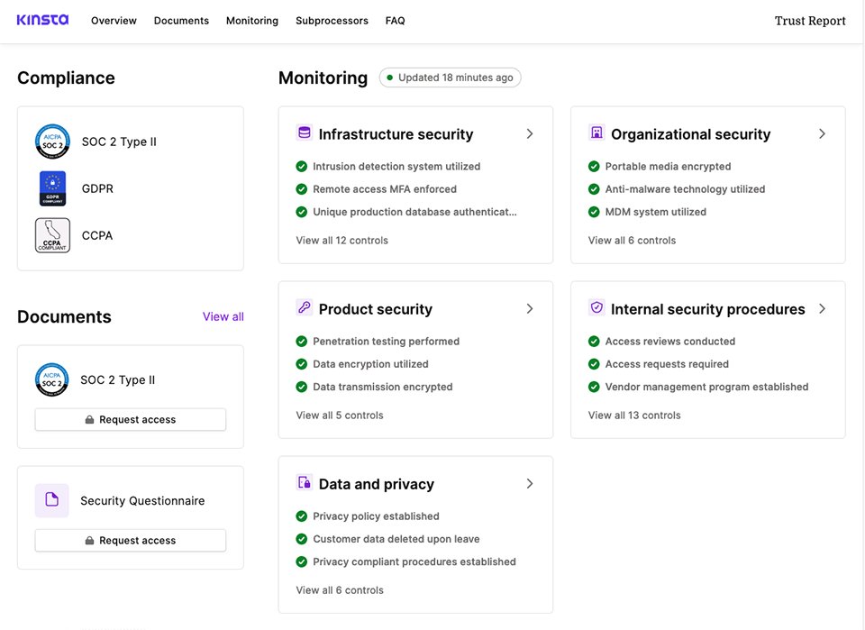 Éléments clés de la page Trust Report de Kinsta.