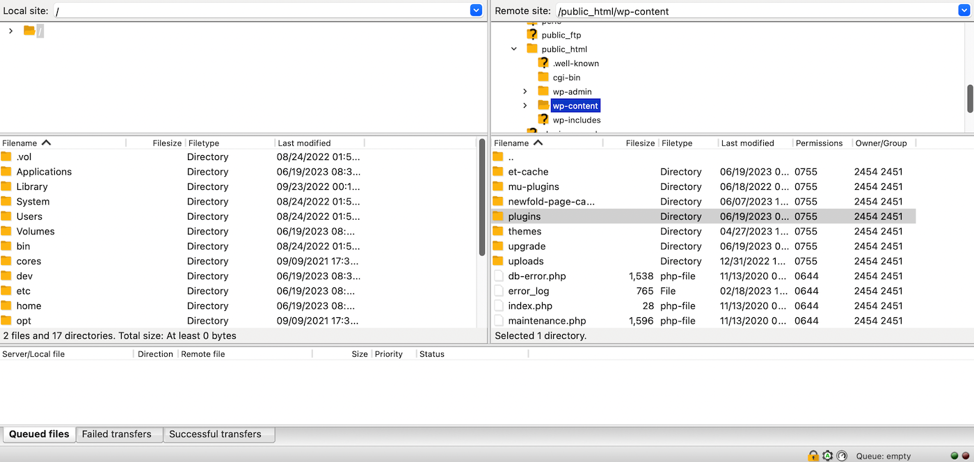 Accessing WordPress site files via Filezilla