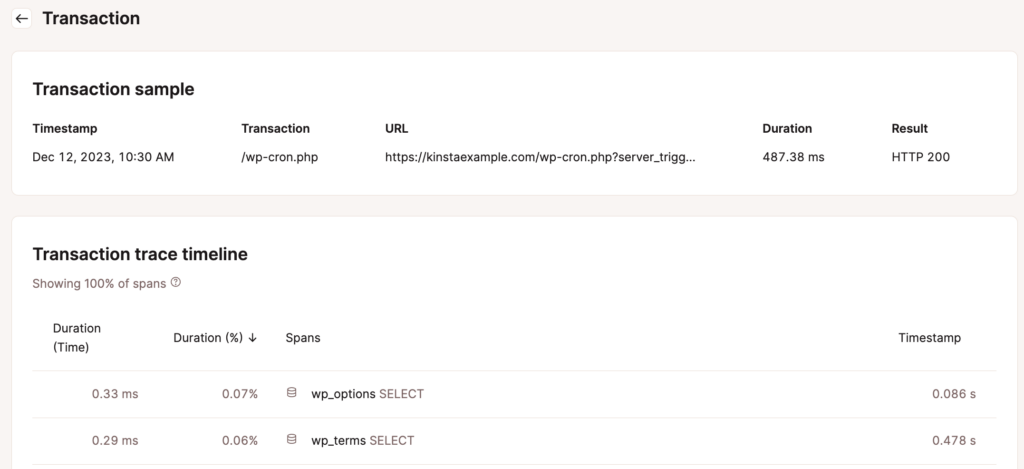 L'interfaccia dello strumento APM di Kinsta mostra un esempio di transazione per wp-cron.php. La tabella mostra un timestamp, la durata e il risultato. Di seguito è riportata una cronologia delle tracce delle transazioni che mostra le query del database con le rispettive durate e percentuali.