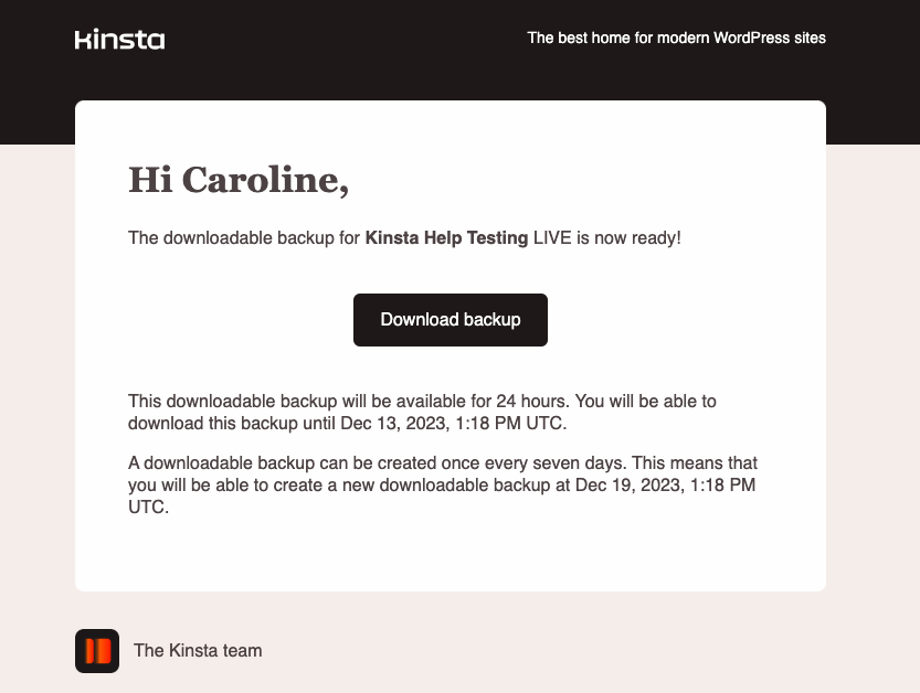 E-mail de notificação de backup para download.