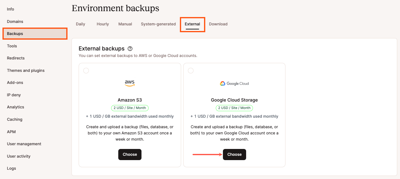 Opção do Google Cloud Storage sendo selecionada para backups externos.