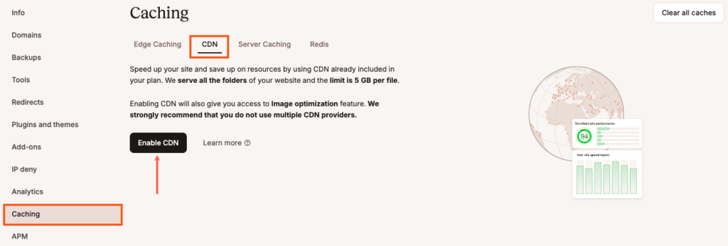 A screenshot showing the Caching controls in the MyKinsta dashboard.