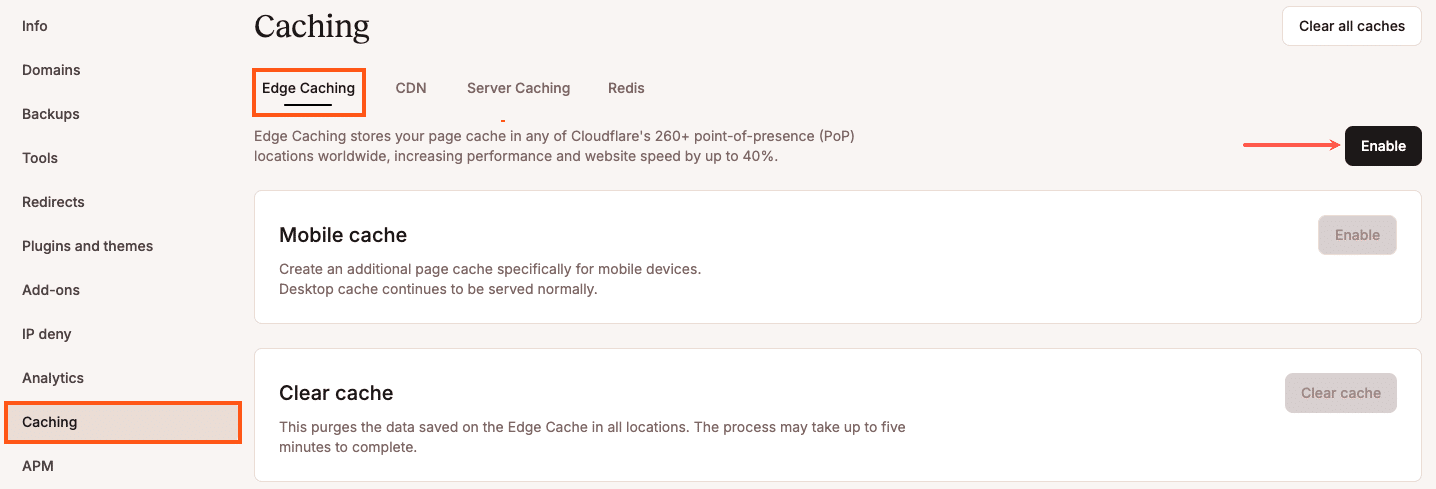 creenshot: Enabling Edge Caching in MyKinsta.