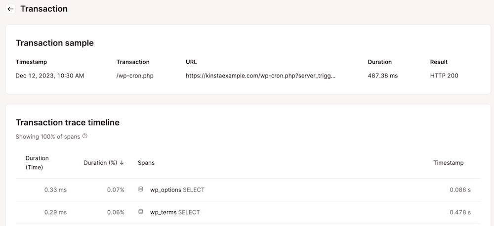 L'outil APM de Kinsta qui rend compte des temps de transaction d'un site.