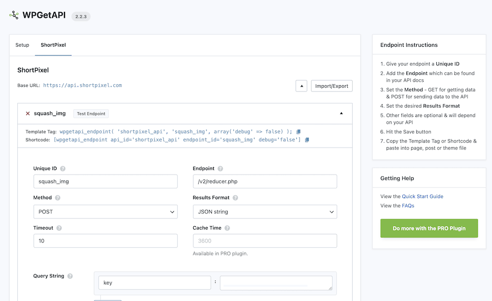 Configuration d'un appel POST à l'API de ShortPixel dans WPGetAPI.