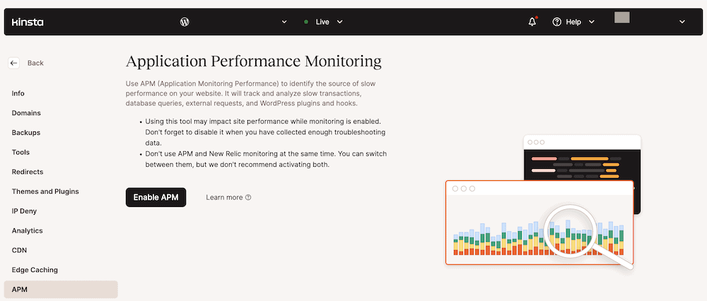 L'écran Kinsta APM dans le tableau de bord MyKinsta.