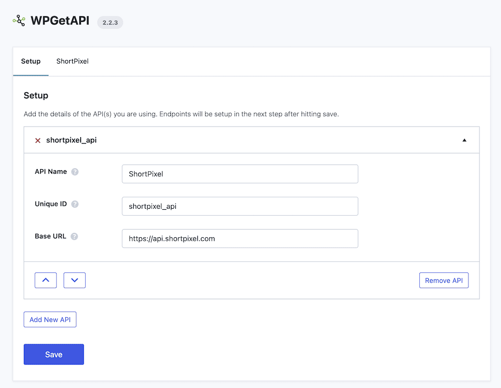 Configuration des informations relatives à l'API de ShortPixel dans WPGetAPI.
