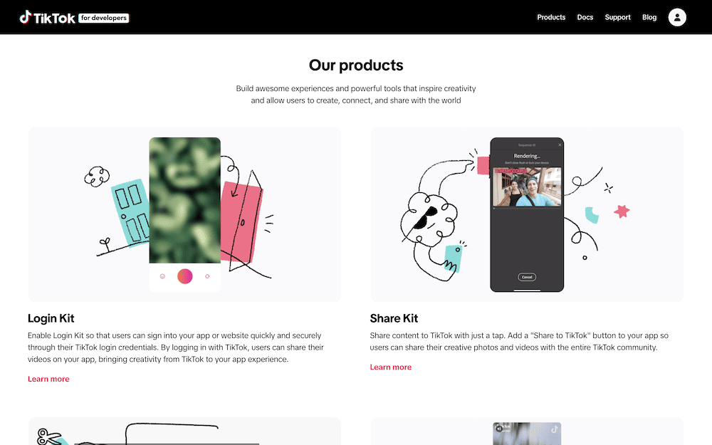 Le micro-site de TikTok destiné aux développeurs présente deux des API disponibles.