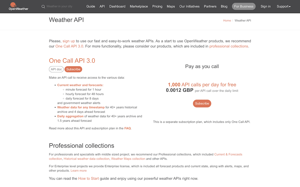 La page de l'API Météo d'OpenWeather.
