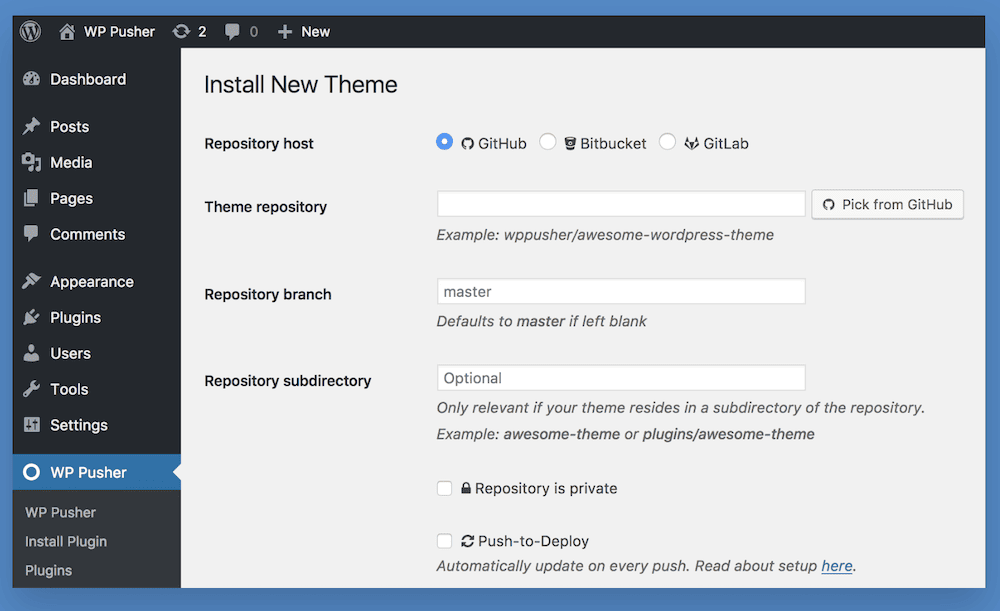 L'extension WP Pusher.