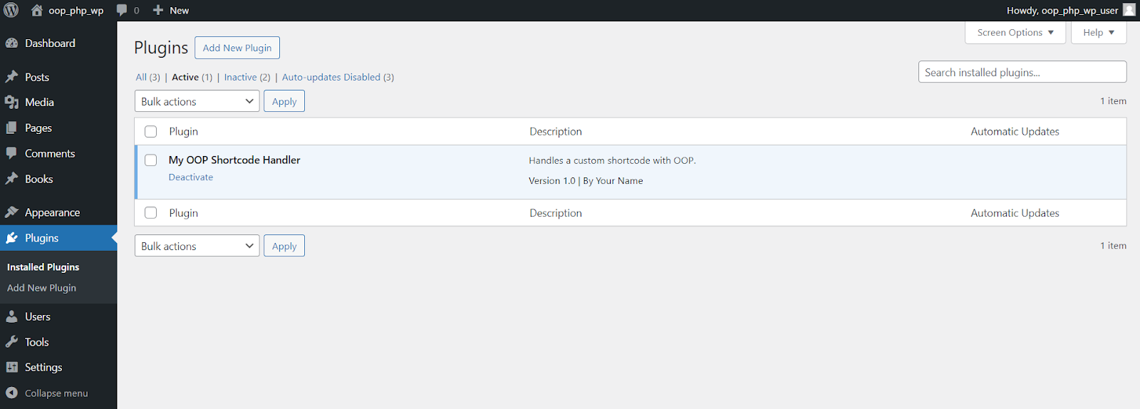Schermata della pagina dei plugin. Nella parte superiore della pagina si trova il pulsante Aggiungi nuovo plugin. Sotto c'è un elenco di plugin. My OOP Shortcode Handler è elencato e attivo.