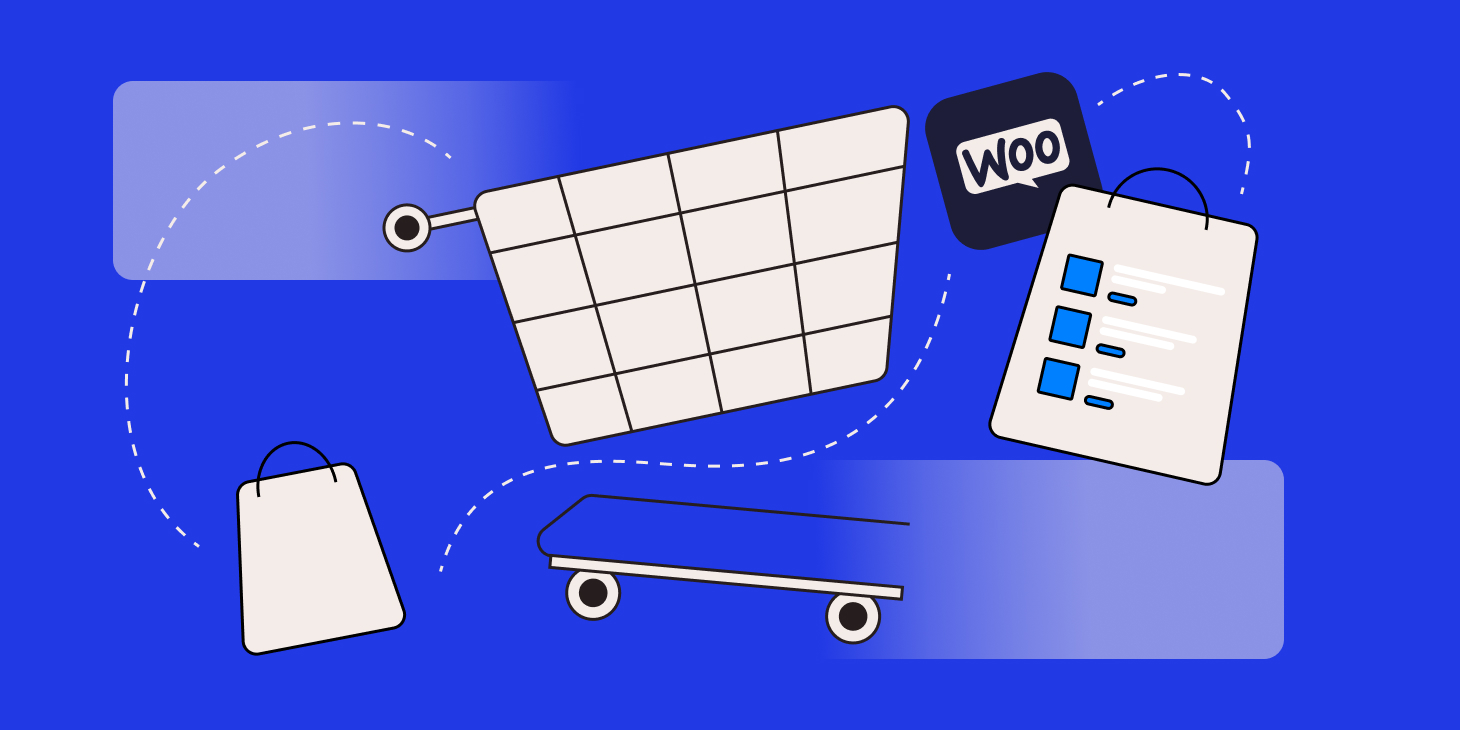 Eine Illustration, die das Online-Shopping über WooCommerce und WordPress darstellt.
