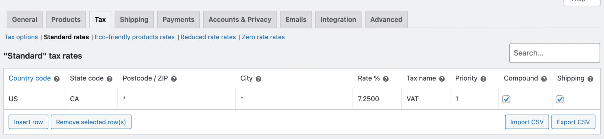 WooCommerce tax settings page with the tax rate details for California in the United States filled in