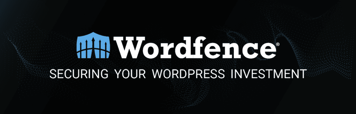 Un banner promocional del plugin Wordfence. El banner presenta un elegante fondo oscuro. El nombre del plugin aparece en un lugar destacado en texto blanco, acompañado del eslogan 