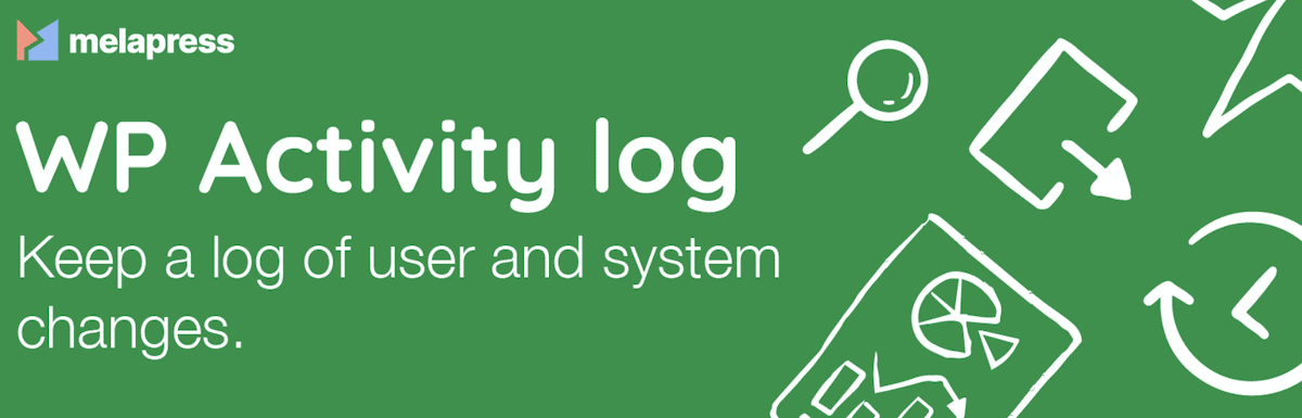Una imagen de banner para el WP Activity Log de Melapress. Tiene un fondo verde vibrante e incorpora contornos blancos limpios de iconos y elementos de diseño reconocibles. El eslogan del plugin dice 