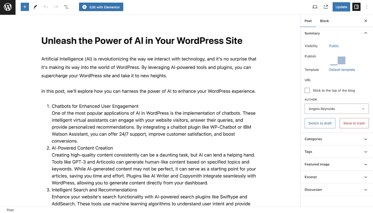 Un article de blog dans l'éditeur de blocs de WordPress.
