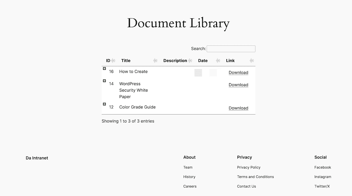 Une interface de site montrant une bibliothèque de documents avec des fichiers disponibles pour le téléchargement.