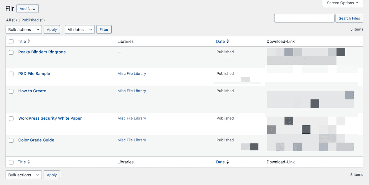 Le backend de WordPress, montrant une liste de documents prêts à être affichés sur un intranet.