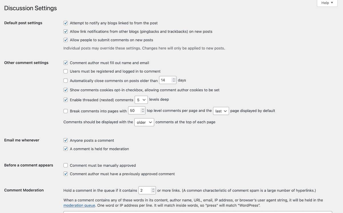 L'écran de discussion dans les réglages de WordPress.