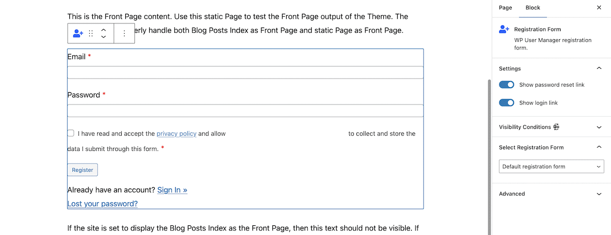 Un bloc de formulaire WP User Manager dans l'éditeur de blocs de WordPress.