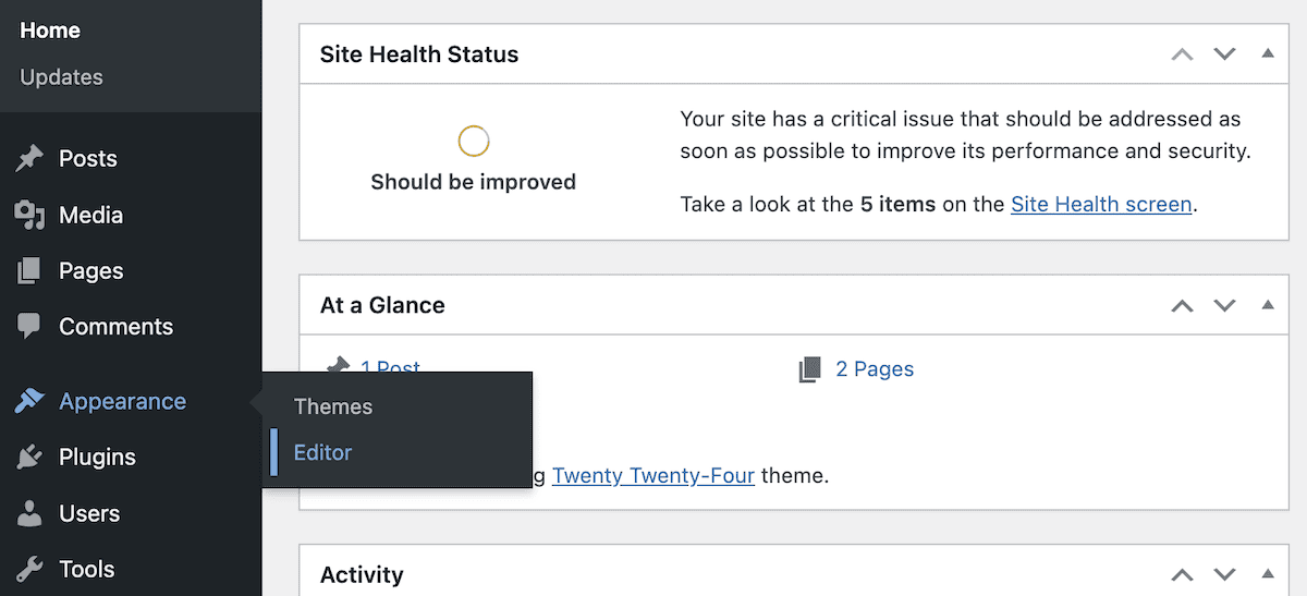 A screenshot of the WordPress dashboard. The left sidebar displays the main WordPress admin menu options. The Appearance menu is expanded to show the Themes and Editor options. It also shows a Site Health Status warning.