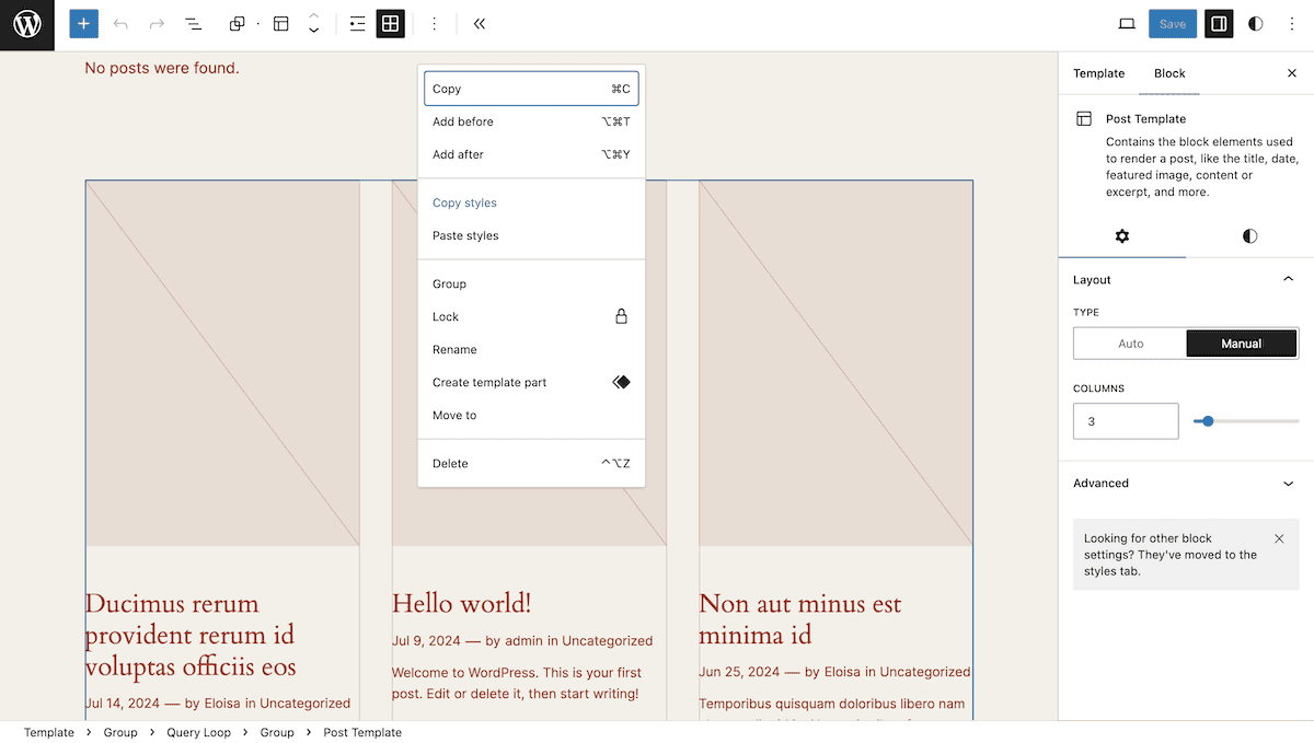 The WordPress Site Editor interface. The image shows a post template layout with three columns displaying post titles, excerpts, and publication dates. A context menu is open, showing options such as Copy, Add before, Add after, and more.