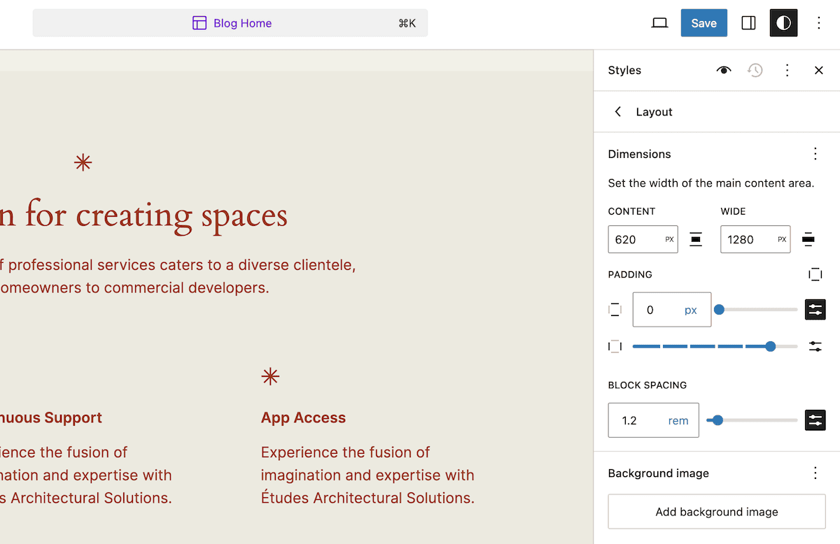 A screenshot of the WordPress Site Editor interface showing layout customization options. The main content area displays a heading 