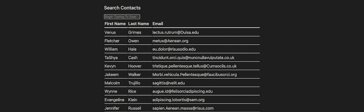 Un GIF de un cuadro de diálogo de búsqueda dinámica utilizando HTMX con un fondo oscuro. Muestra una tabla de contactos, con nombres, apellidos y direcciones de correo electrónico de varias personas. La tabla incluye 10 filas de información de contacto de muestra.