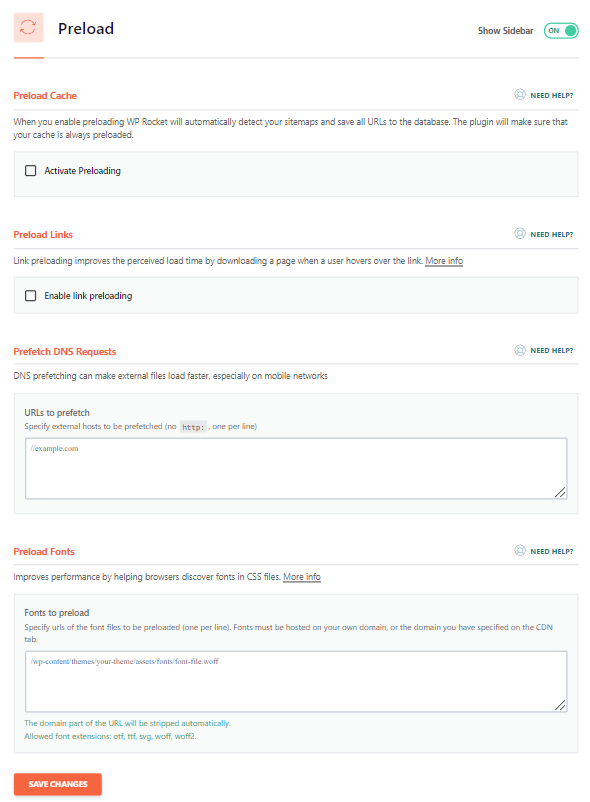 Preload-Einstellungen in WP Rocket
