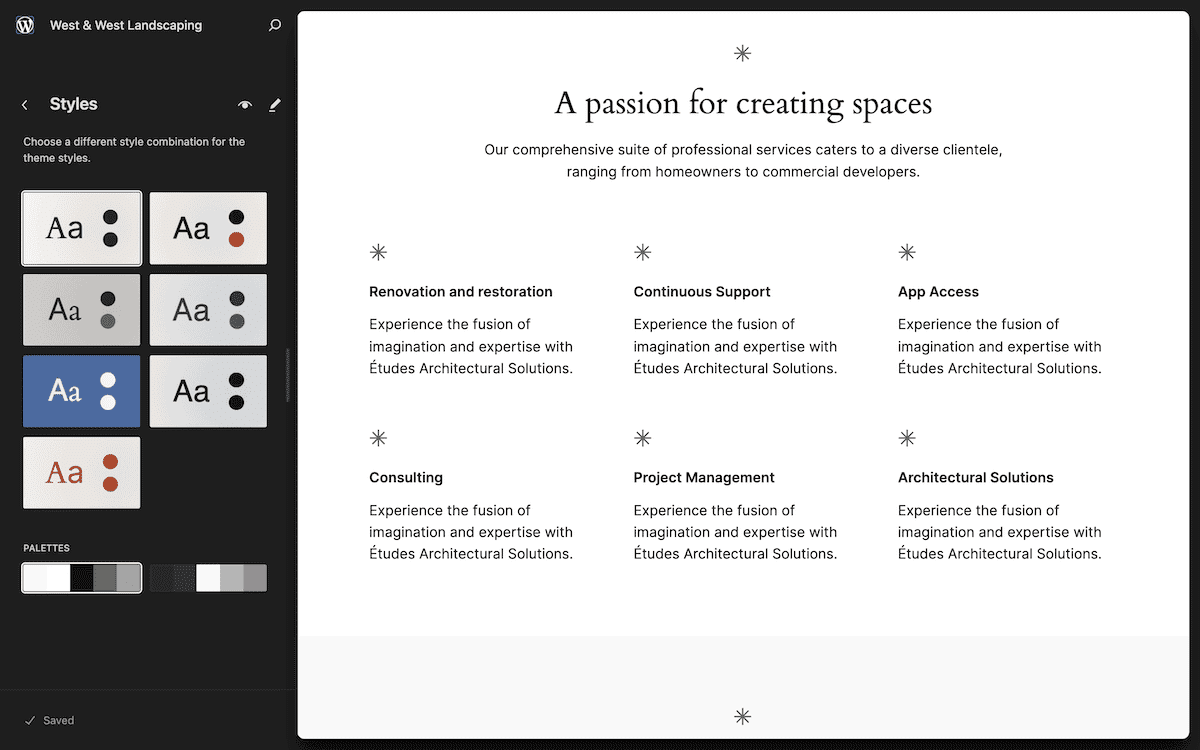The Styles page within the WordPress Site Editor. The headline reads A passion for creating spaces, and precedes a description of services. Six service categories are listed below: Renovation and restoration, Continuous Support, App Access, Consulting, Project Management, and Architectural Solutions. The left-hand sidebar shows various style presets and color palettes for customizing the theme.