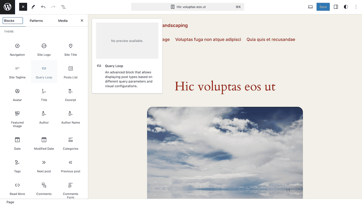 The WordPress Site Editor interface. The left-hand sidebar shows various Block options such as Navigation, Site Logo, and Site Title. This sidebar highlights the Query Loop Block. The main editing area displays a page layout with a hero image.