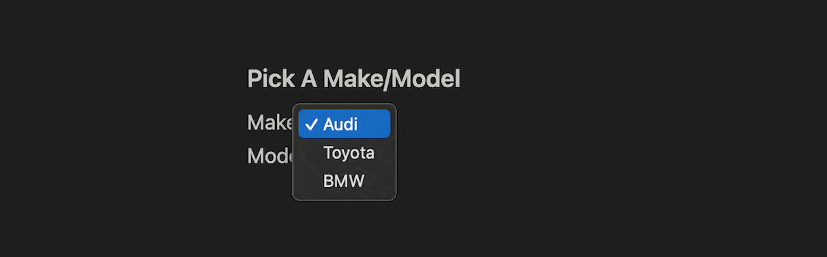 GIF de una interfaz de usuario que muestra un menú desplegable para seleccionar una marca y un modelo de coche. El título dice 