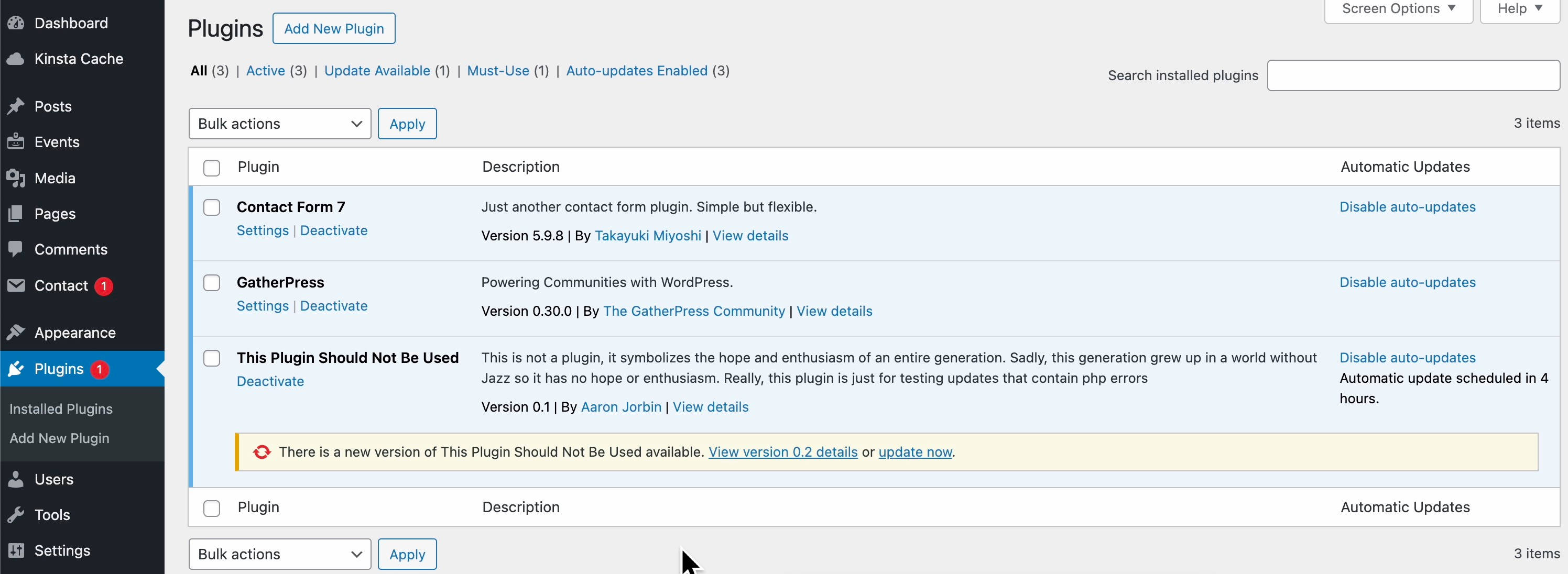 WordPress Plugins screen showing a plugin waiting for update