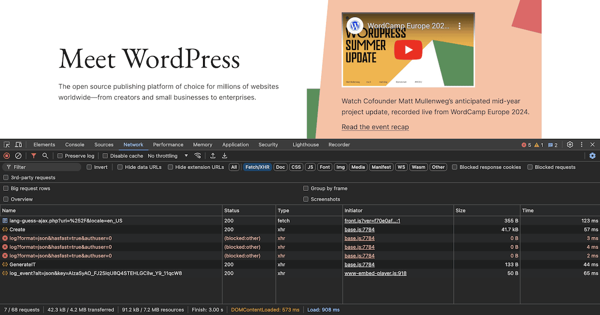 La interfaz DevTools del navegador Brave, que muestra el sitio web de WordPress en la parte superior. Incluye un texto que lo describe como 