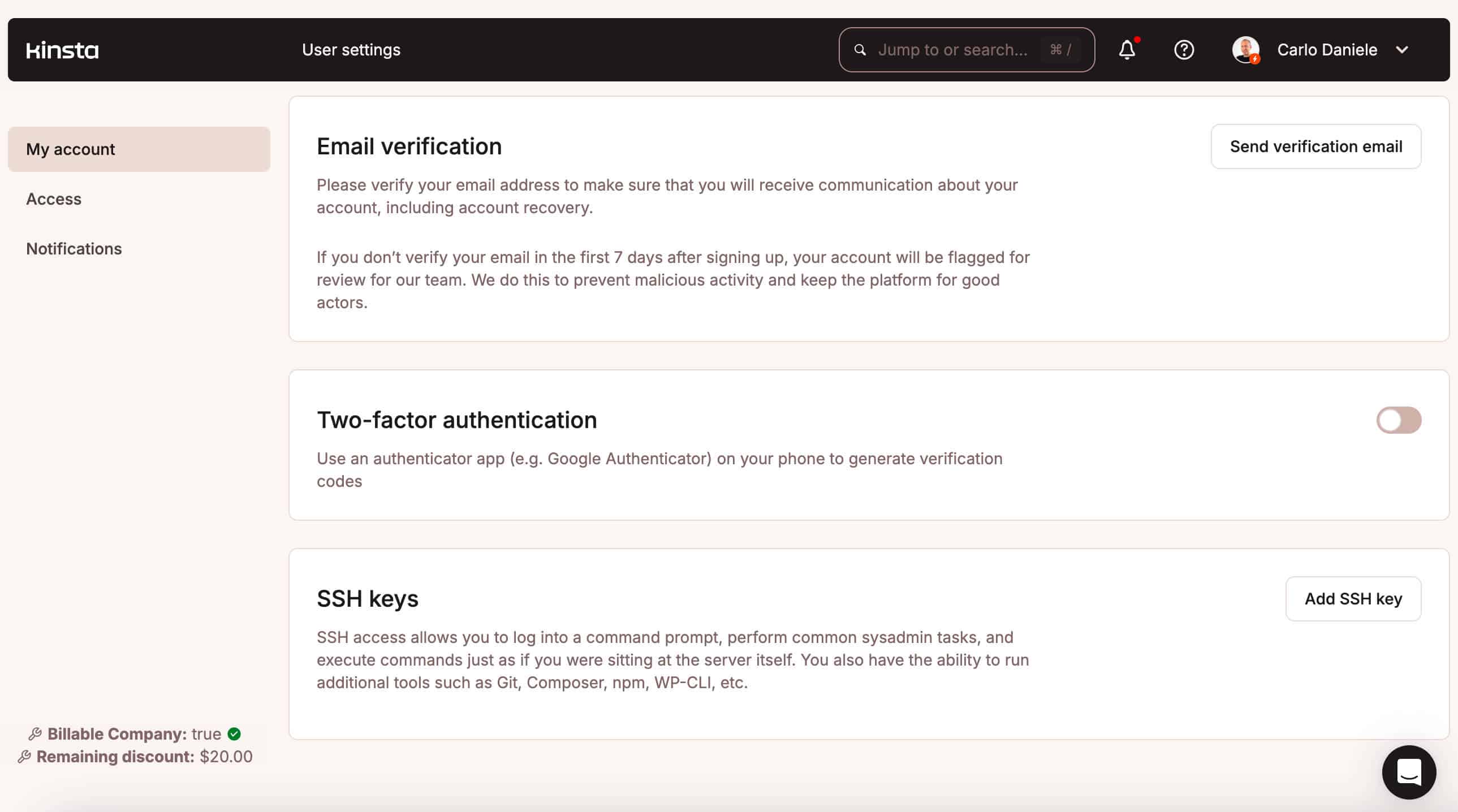 Two-factor authenticatie in MyKinsta