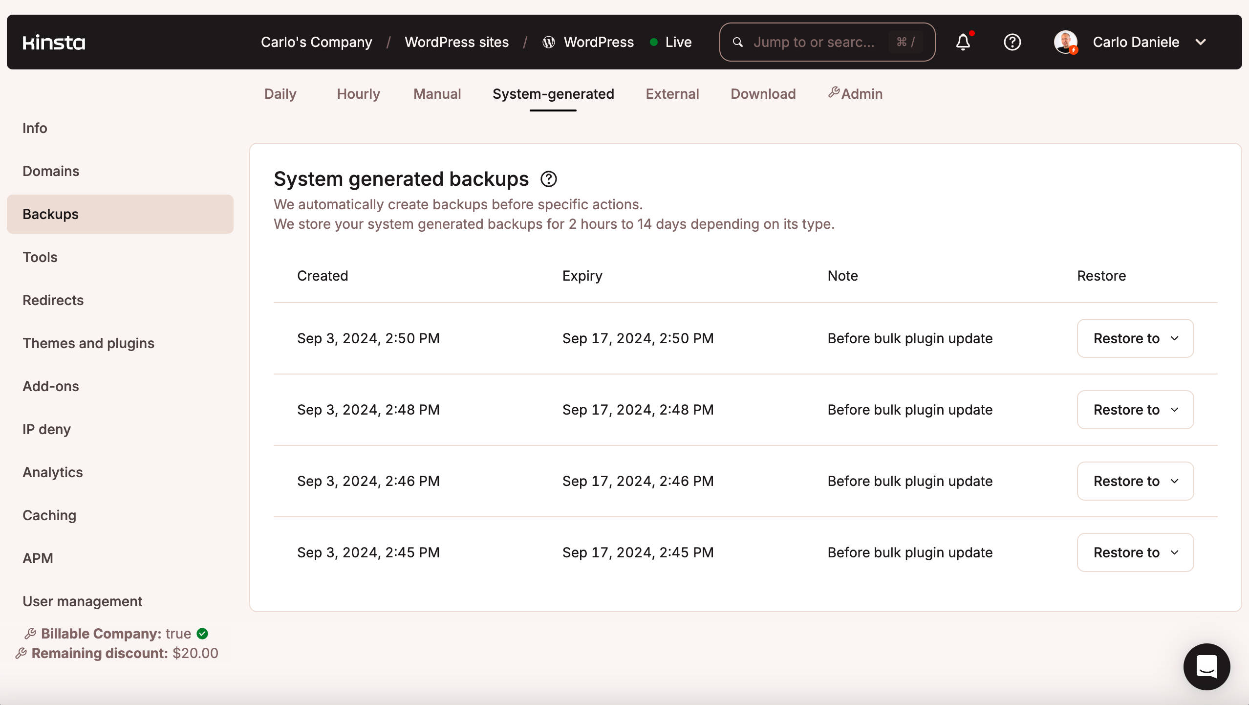 Systeem-gegenereerde backups in MyKinsta dashboard