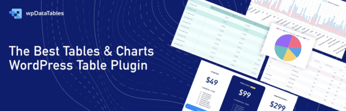 De headerafbeelding van de wpDataTables plugin van WordPress.org. De banner heeft een donkerblauwe achtergrond met het plugin logo en de tekst The Best Tables & Charts WordPress Table Plugin. Voorbeeldtabellen, grafieken en pakketten worden zwevend weergegeven aan de rechterkant van de afbeelding.