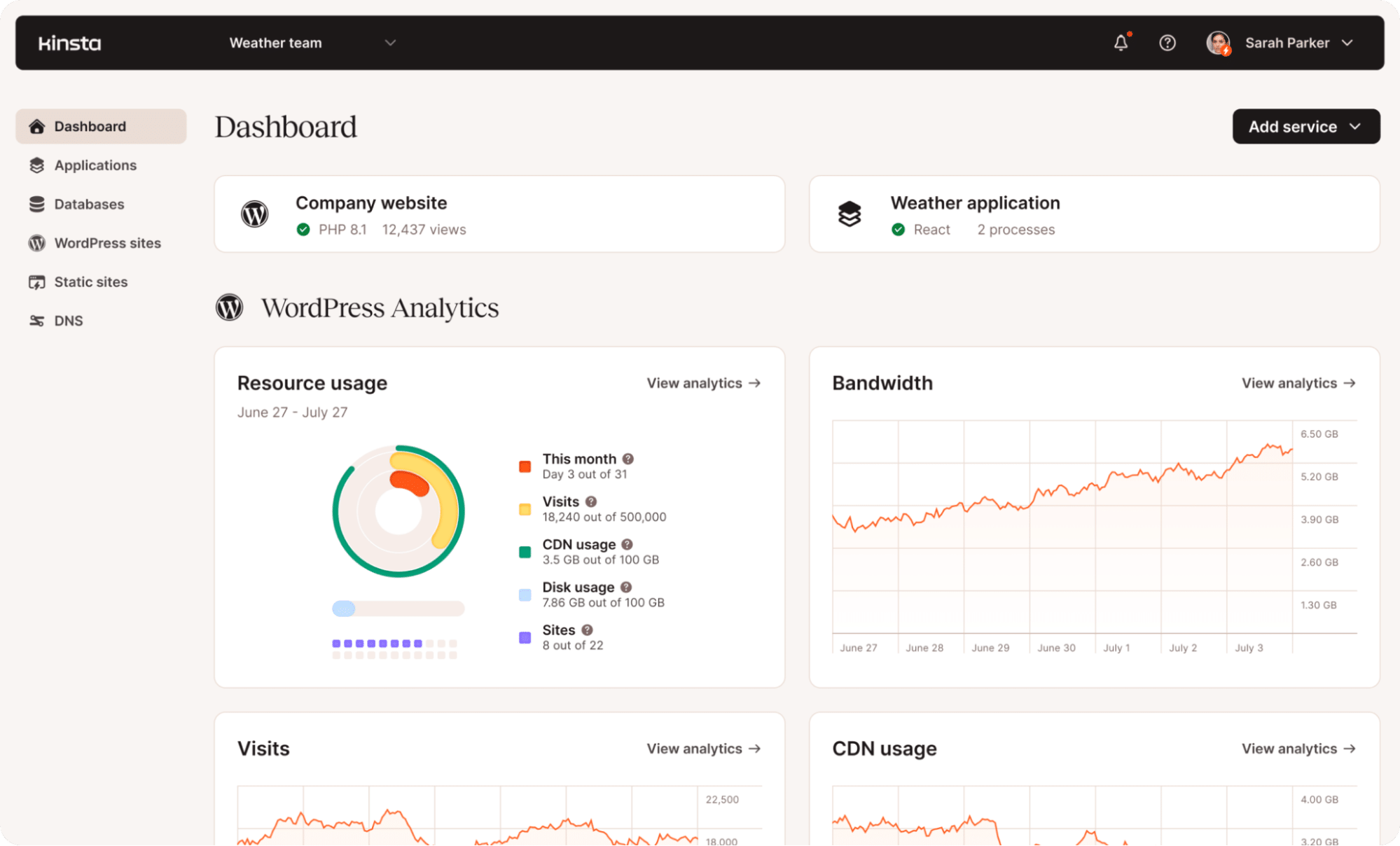 Het MyKinsta dashboard.