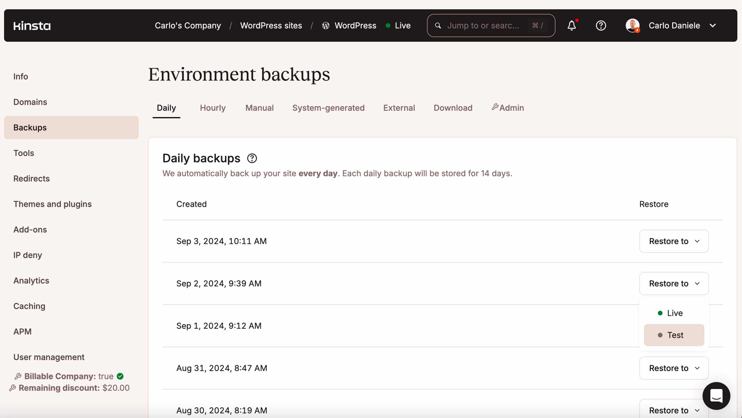 Dagelijkse backups in MyKinsta