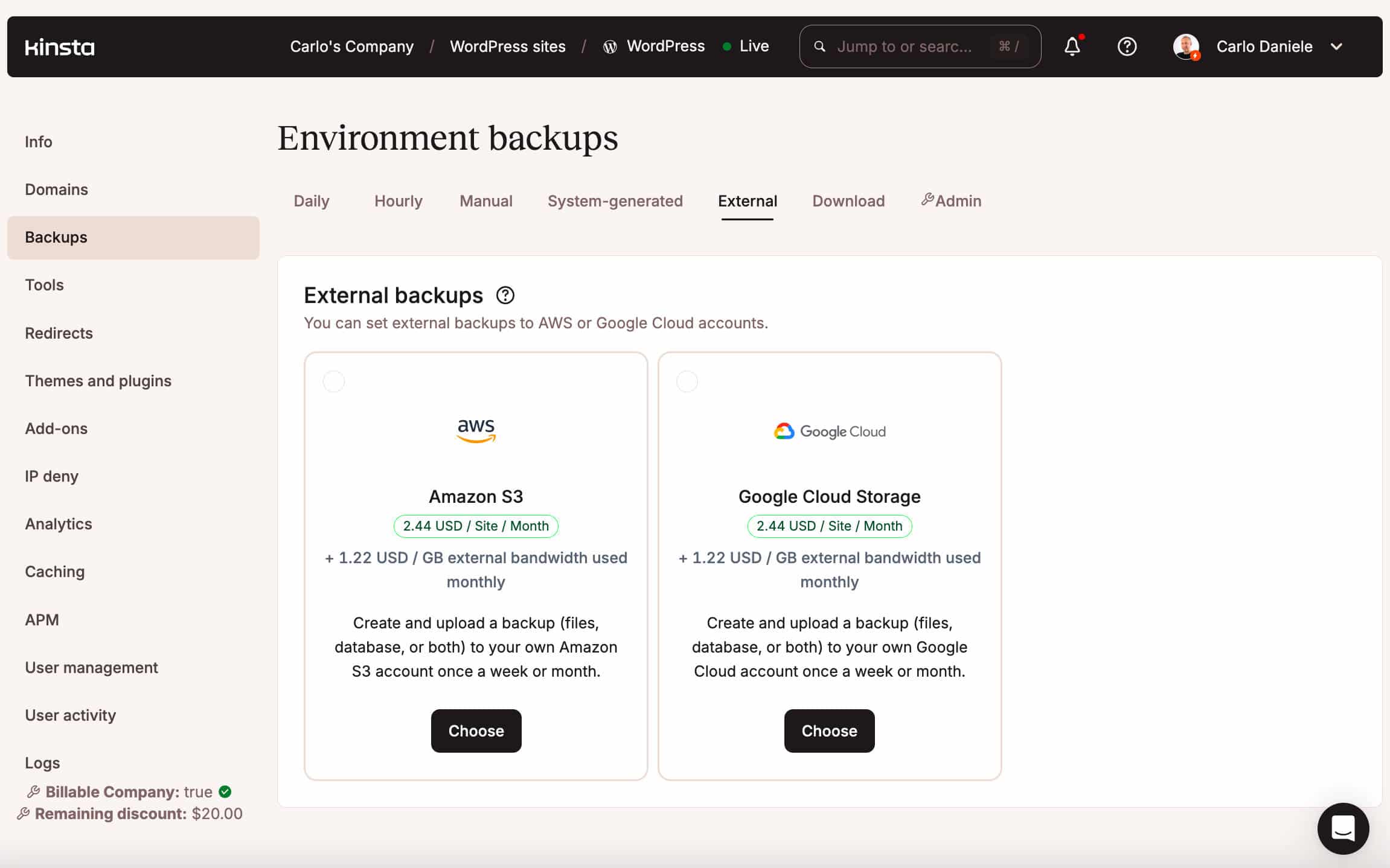 Externe backups in MyKinsta