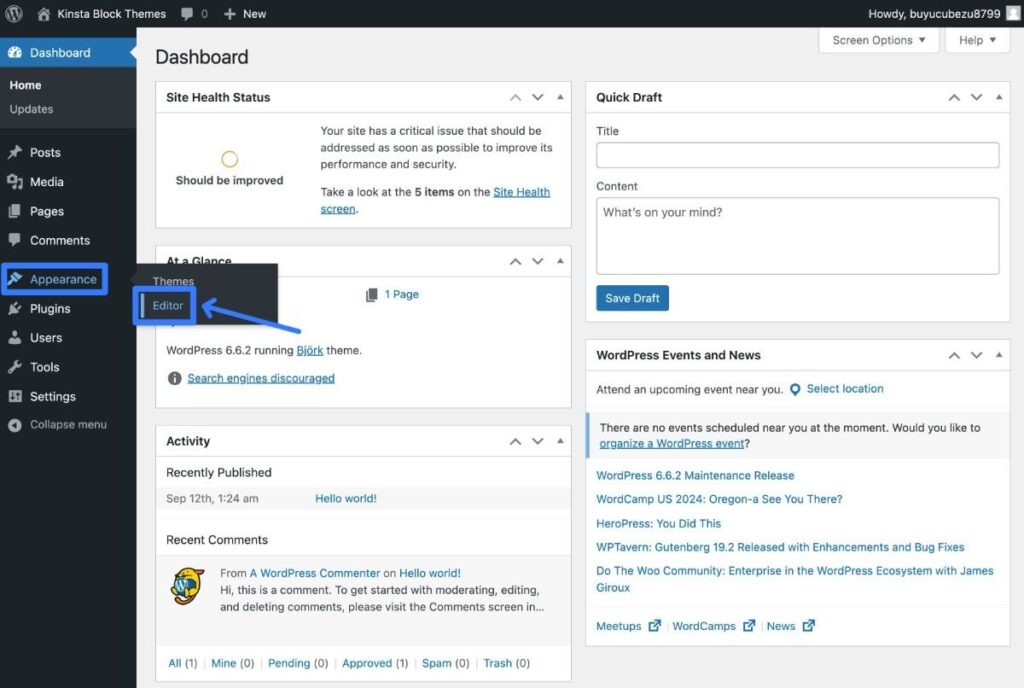 How to open the Site Editor by going to Appearance > Editor