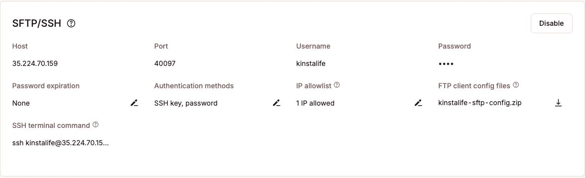 Kinsta SFTP/SSH-Zugangsinformationen