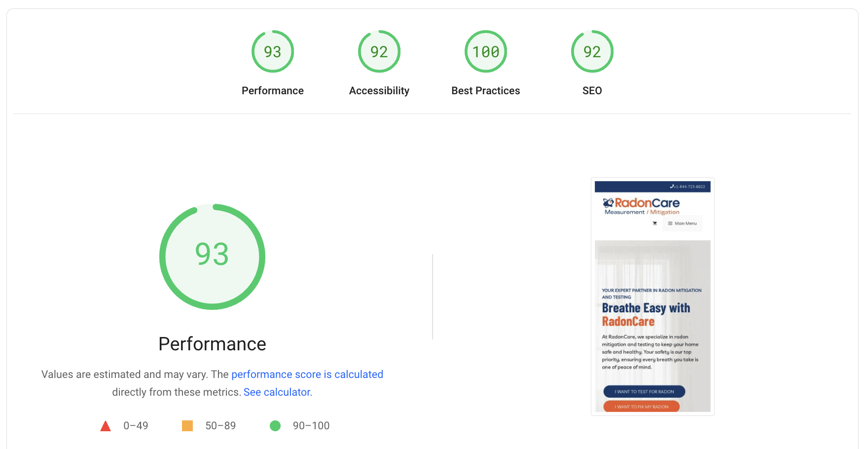 RadonCare's PageSpeed results