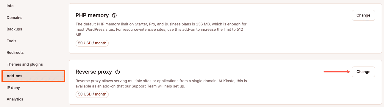 Screenshot, der die Option „Reverse Proxy Add-on“ in MyKinsta zeigt.