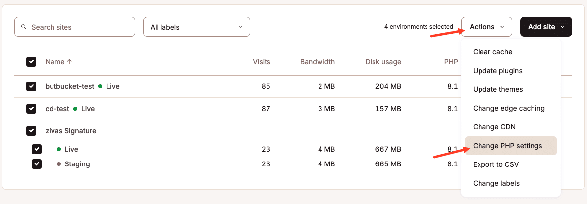 Sammelaktionen zum Ändern von PHP-Einstellungen für mehrere Websites