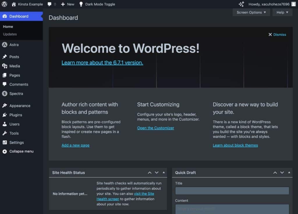 Um exemplo do modo escuro do painel do WordPress de um plugin.
